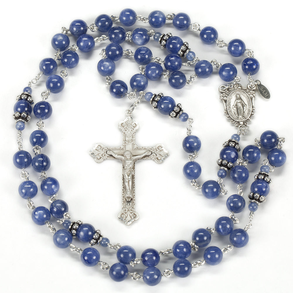 Catholic Women's Rosary Handmade with Kyanite Stones, Bali sterling silver and a Miraculous Medal