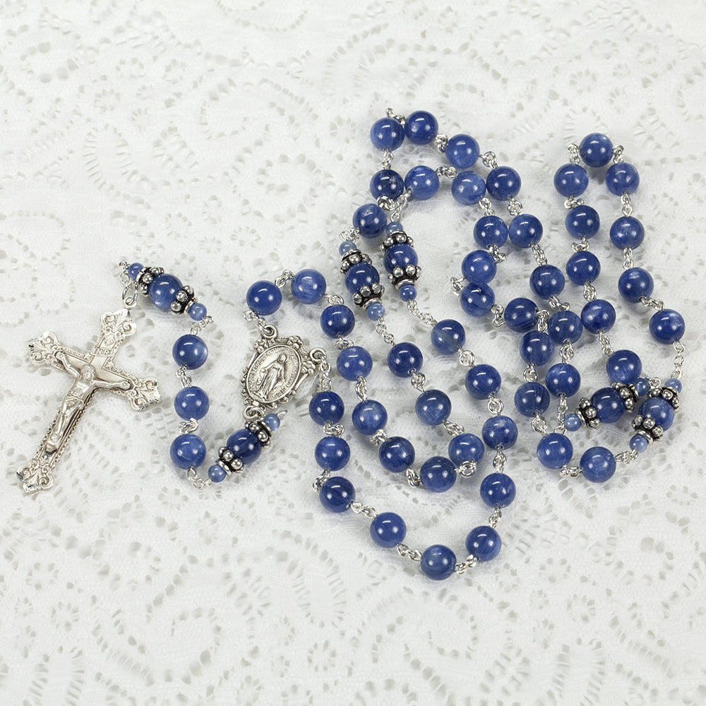 Catholic Women's Rosary Handmade with Kyanite Stones, Bali sterling silver and a Miraculous Medal