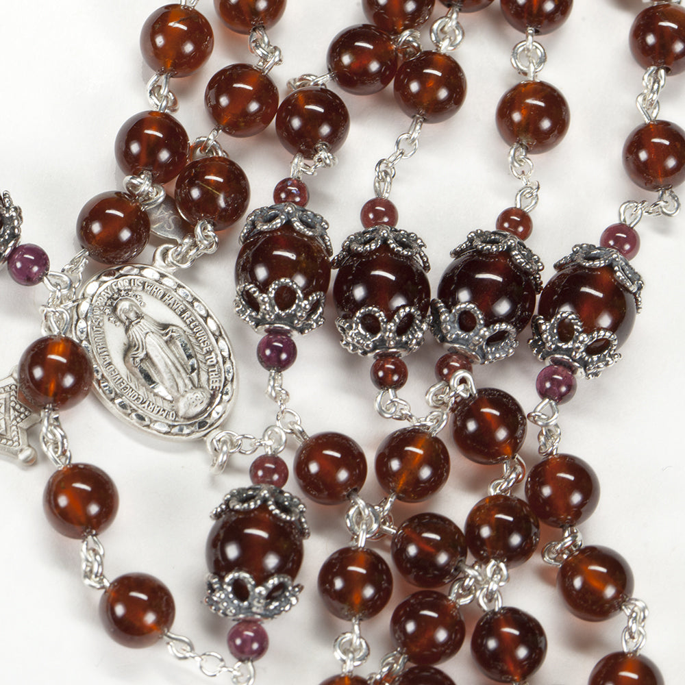 Handmade Catholic Women's Rosary with Hessonite Garnets and Sterling Silver