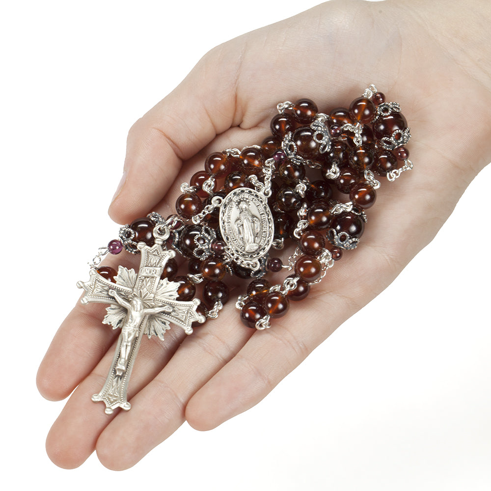 Handmade Catholic Women's Rosary with Hessonite Garnets and Sterling Silver