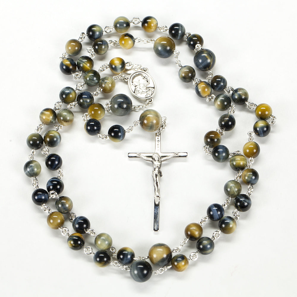 Catholic Men's Rosary handmade with Tigers Eye stones in a Rare Blue, Gold Color