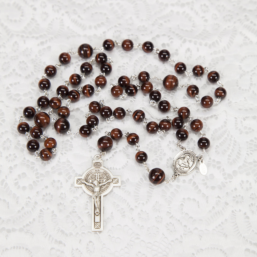 Mens Rosary Handmade with Red Tiger Eye Stones