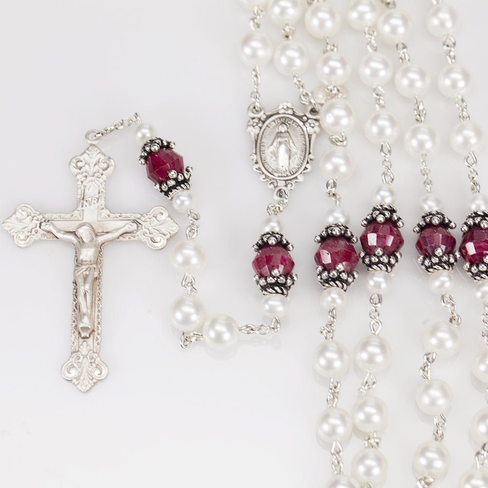 Handmade Catholic Women's Rosary with Rubies and Freshwater Pearls