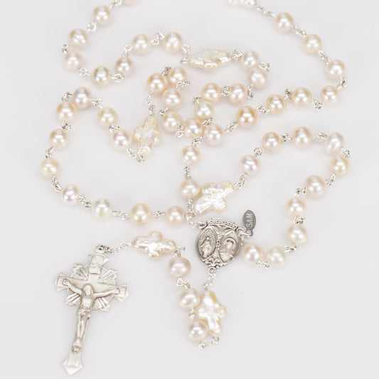 Catholic Women's Rosary with Cross Shaped, Cream Colored Freshwater Pearl