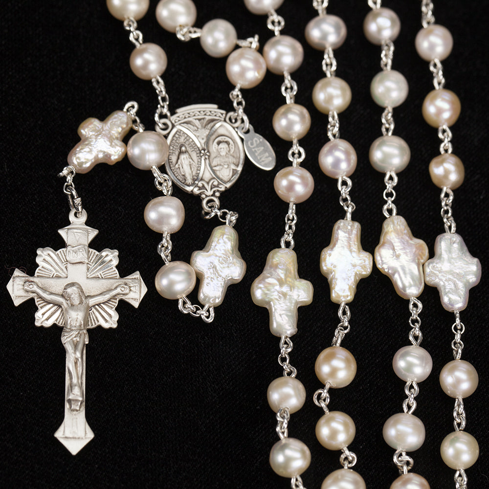 Catholic Women's Rosary with Cross Shaped, Cream Colored Freshwater Pearl