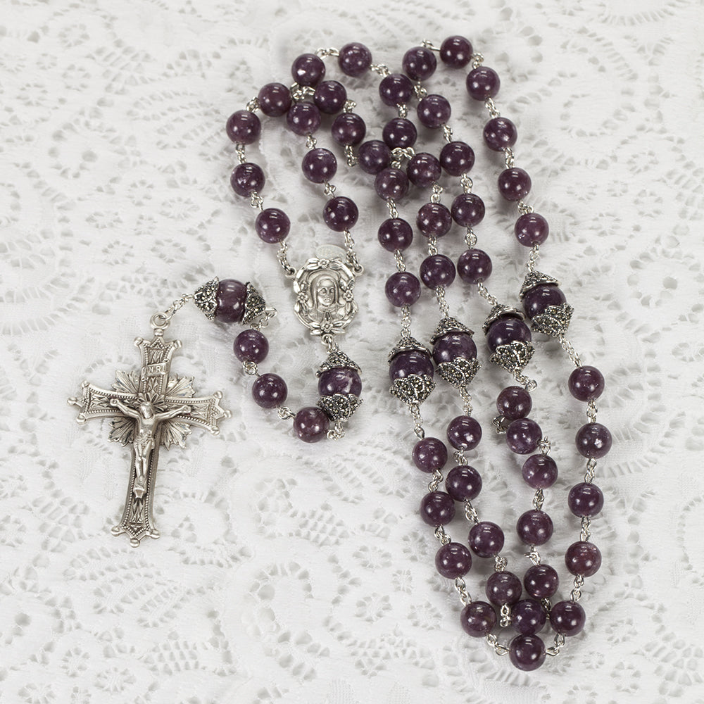 Catholic Women's Rosary handmade with purple lepidolite stones
