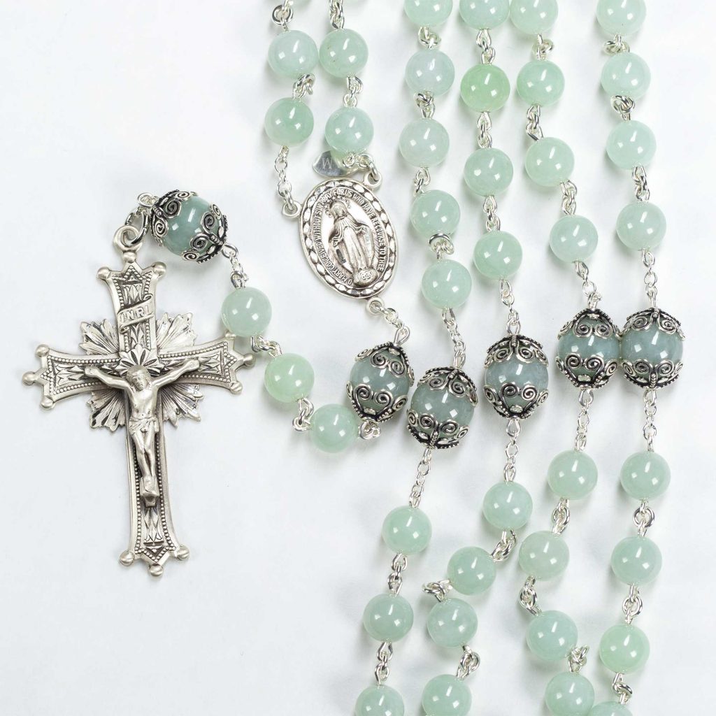 Green Jade Stone Rosary Beads for Catholic Women & Mothers