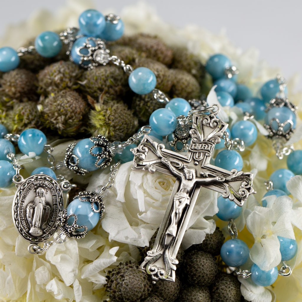 Light BLUE Rosary Crucifix & Rhinestone Virgin Mary Rosary