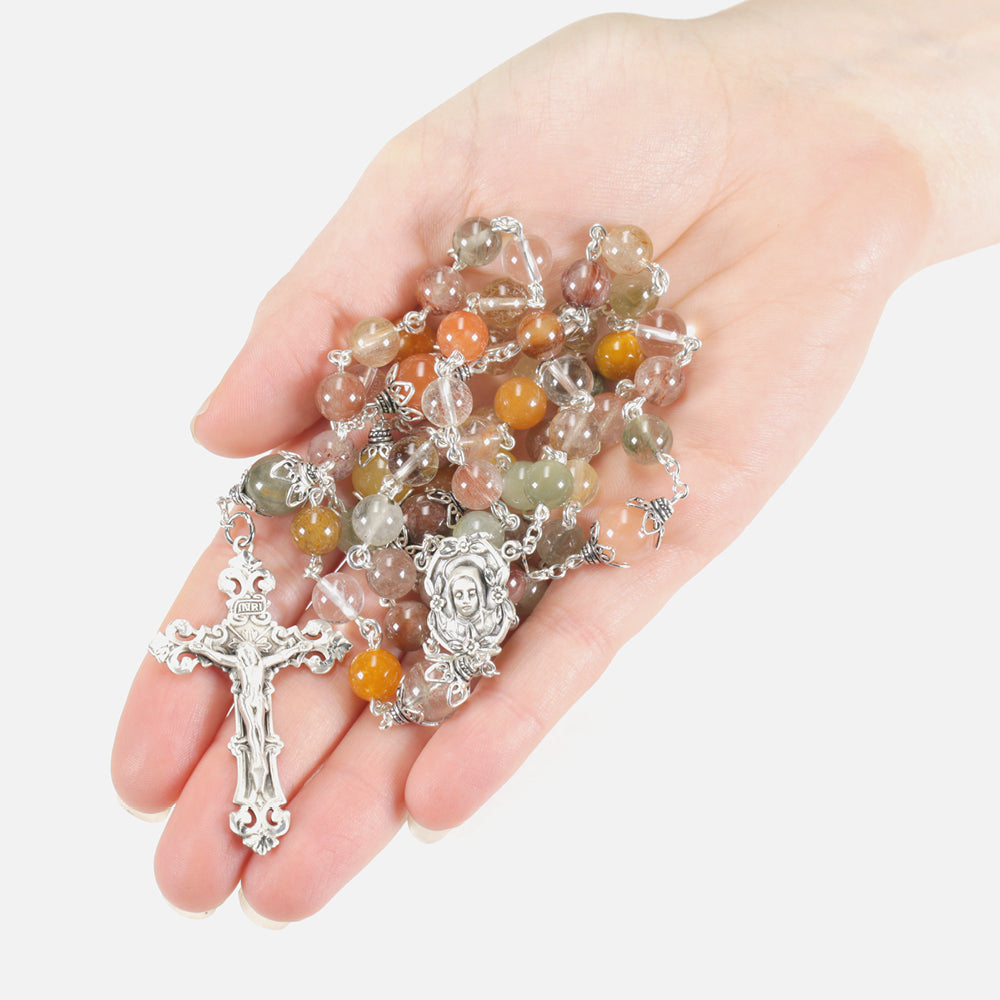 Catholic Women's Rosary Handmade with Multi-Colored Quartz Beads, Sterling Silver, Madonna Center and Barque Crucifix.