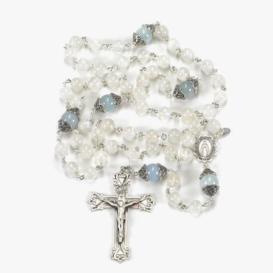 Catholic Women's Rosary Handmade with Rainbow Moonstone Beads, Blue Aquamarine and Marcasite silver