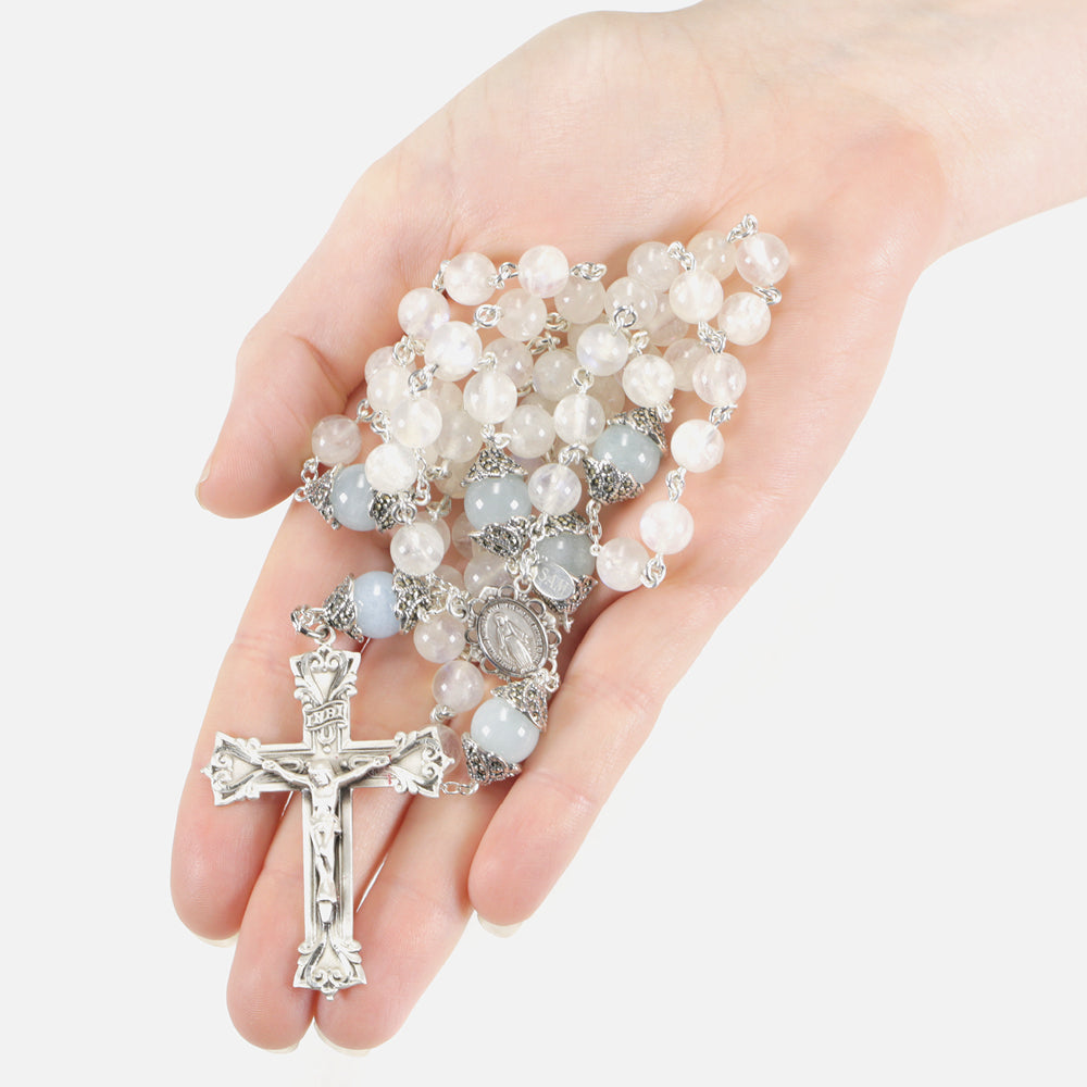 Catholic Women's Rosary Handmade with Rainbow Moonstone Beads, Blue Aquamarine and Marcasite silver