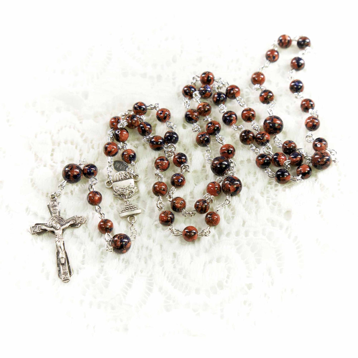 First Communion Blue and Brown Sandstone Rosary