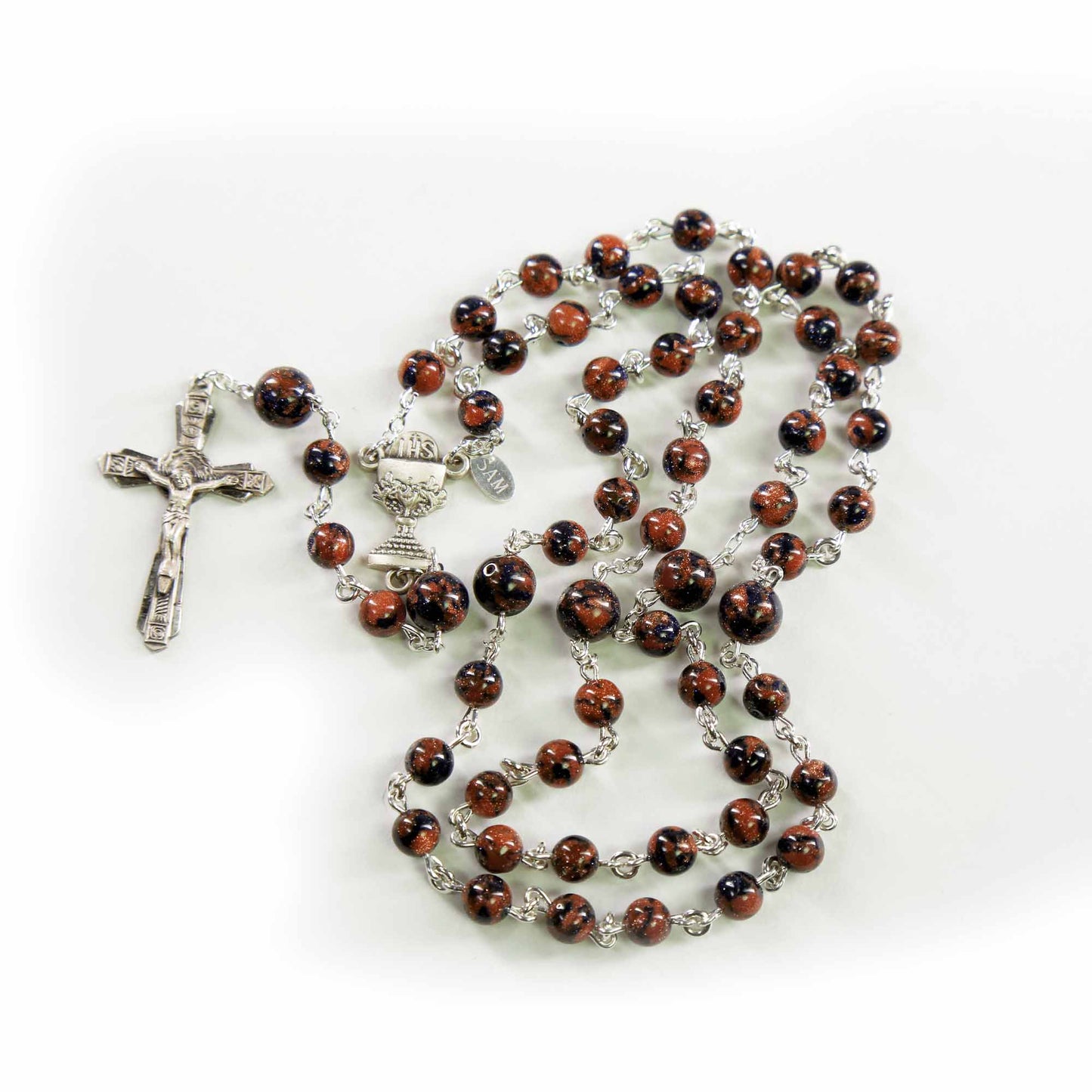 First Communion Blue and Brown Sandstone Rosary
